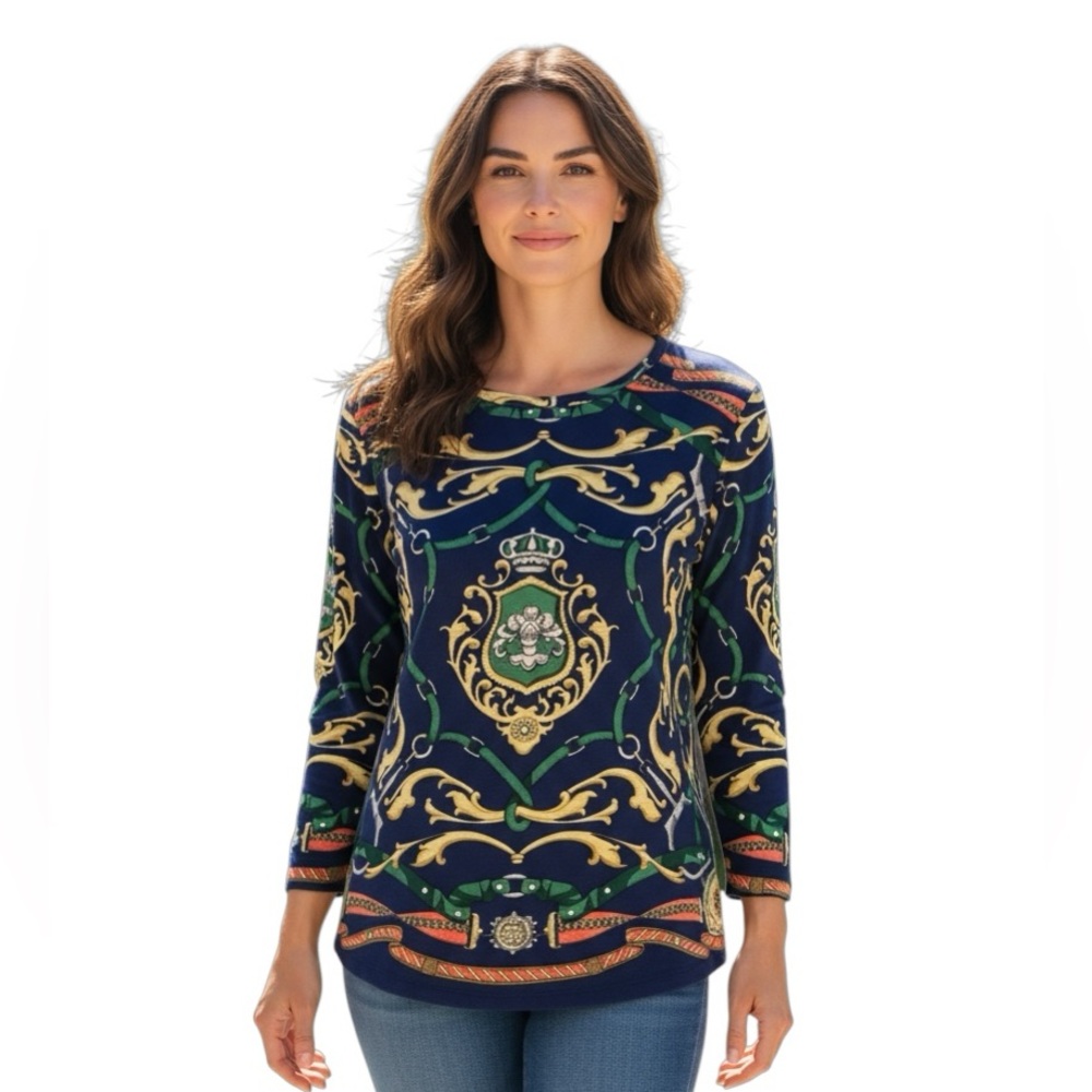 J. McLaughlin Blue and Green Patterned Corp core long sleeve shirt